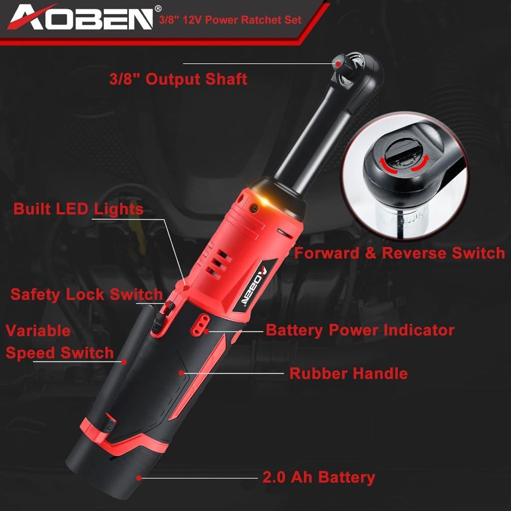 Compact AOBEN 3/8 cordless ratchet wrench kit with ergonomic design and fast torque