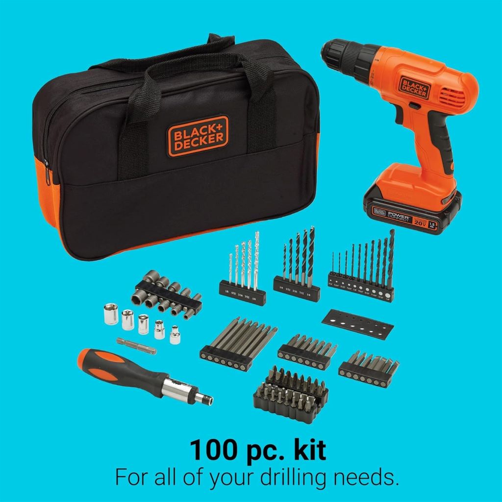 Orange BLACK+DECKER drill kit for DIY projects and home repairs.