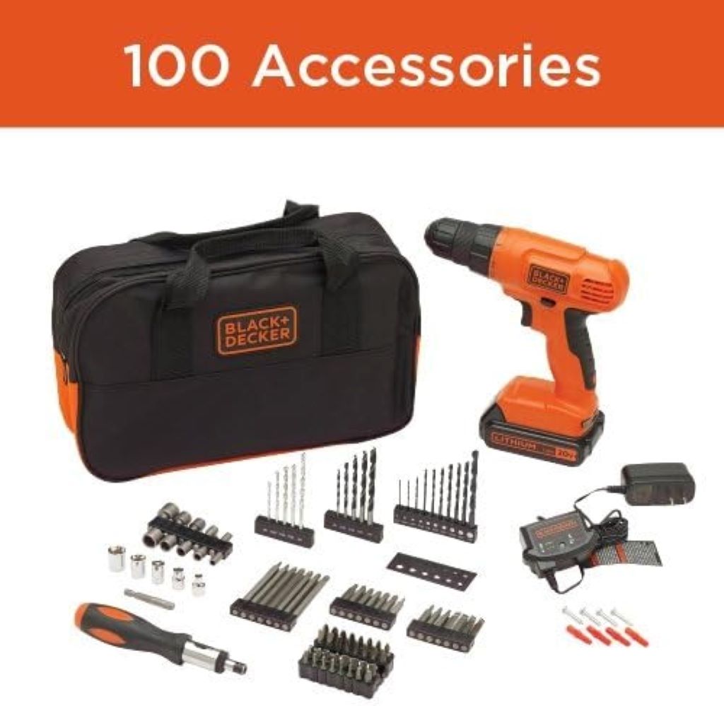 Complete BLACK+DECKER 20V MAX* drill set with 100 tools and bits.