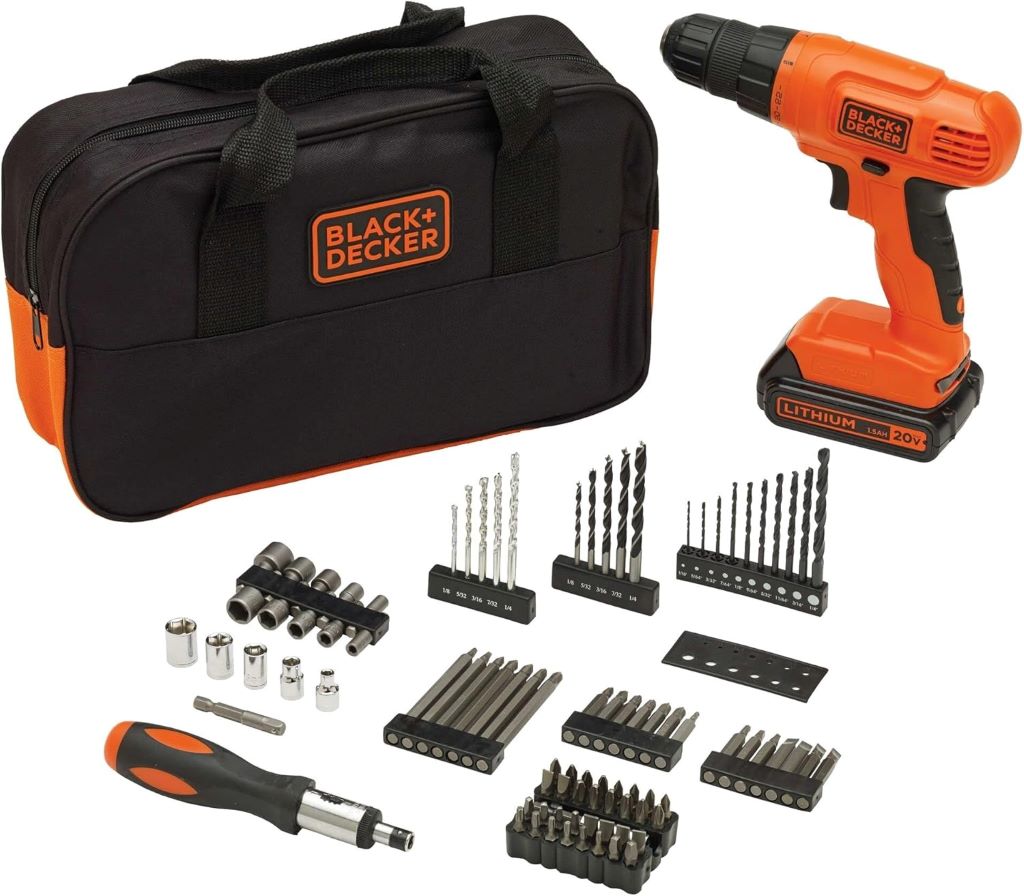 BLACK+DECKER 20V MAX* PowerConnect cordless drill with 100-piece accessory kit.