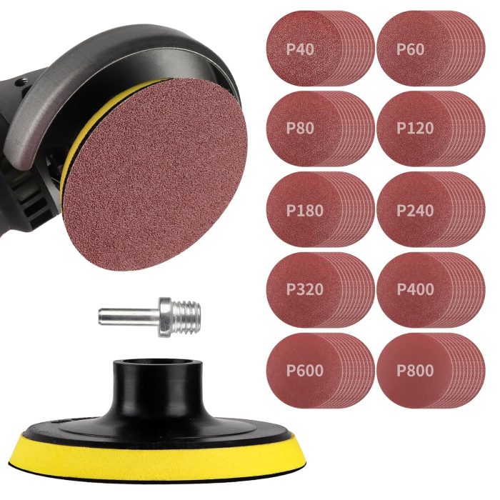 Boounyatin 100-piece 4-inch angle grinder sanding disc kit, including hook-and-loop backing pad and 8mm drill adapter, suitable for sanding and polishing