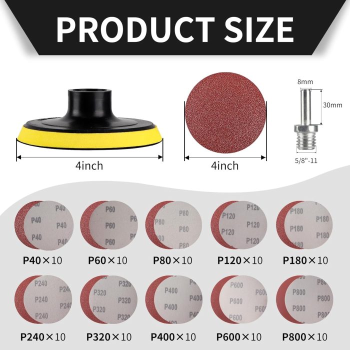 Boounyatin 100-piece 4-inch angle grinder sanding discs kit with hook-and-loop backing pad and 8mm drill adapter for sanding and polishing