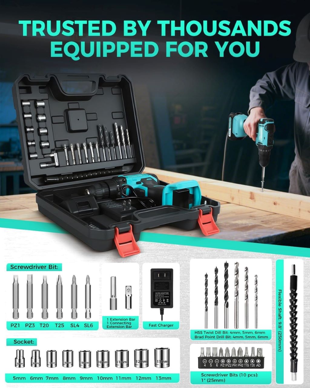 Compact and powerful COMOWARE 20V electric drill set for DIY and home projects, featuring keyless chuck and variable torque.