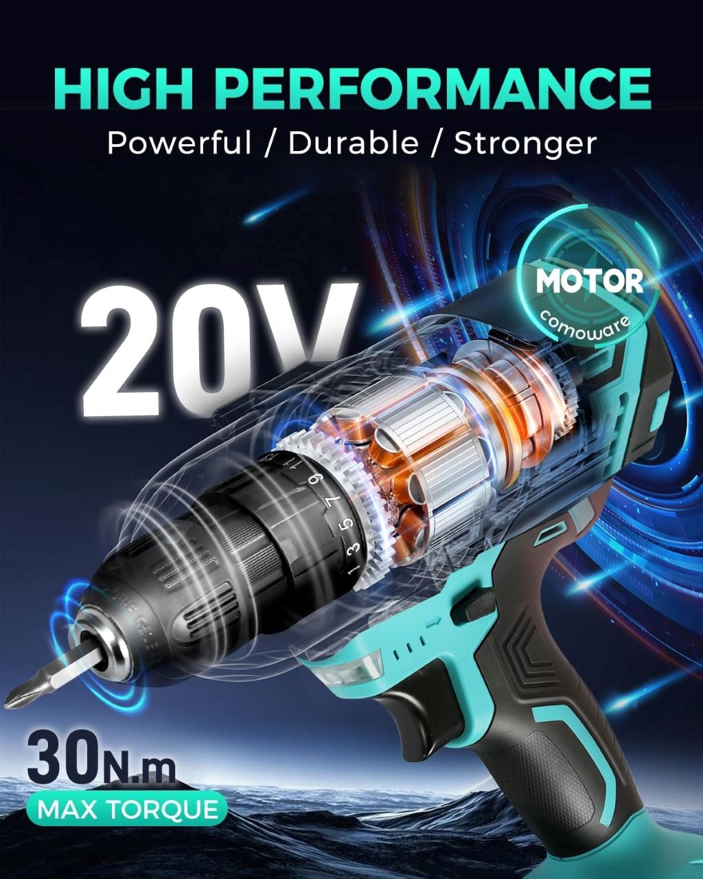 Cordless COMOWARE 20V drill kit with 1 battery, 34-piece bit set, 2-speed control, and ergonomic design for easy use.