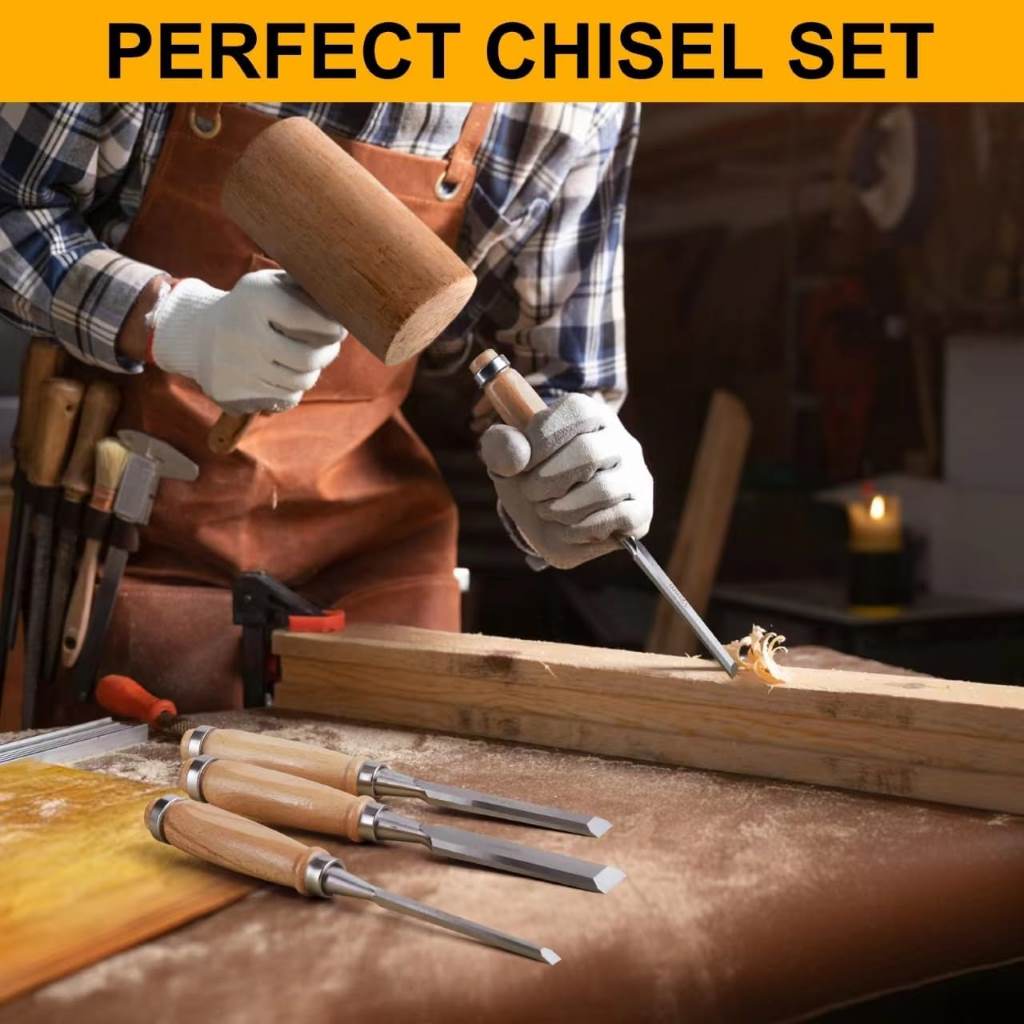 Close-up of durable wood chisels in a 4-piece professional set for woodworking