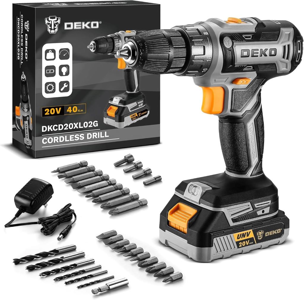 DEKO PRO 20V cordless drill with battery, charger, and drill bits set