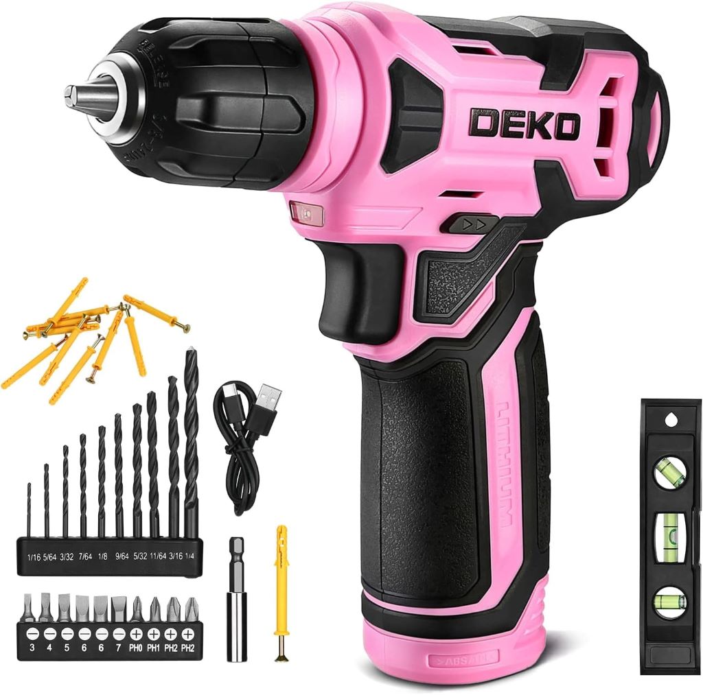Pink DEKOPRO 8V cordless drill set with LED light and 42 accessories