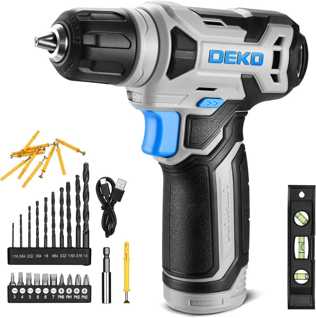 DEKOPRO 8V cordless drill with LED light, keyless chuck and 42 accessories