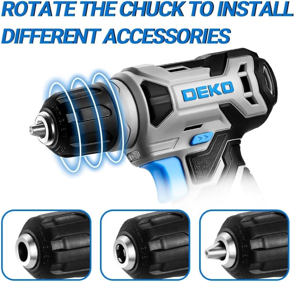Compact DEKOPRO 8V power drill set with Type-C charging cable and bits