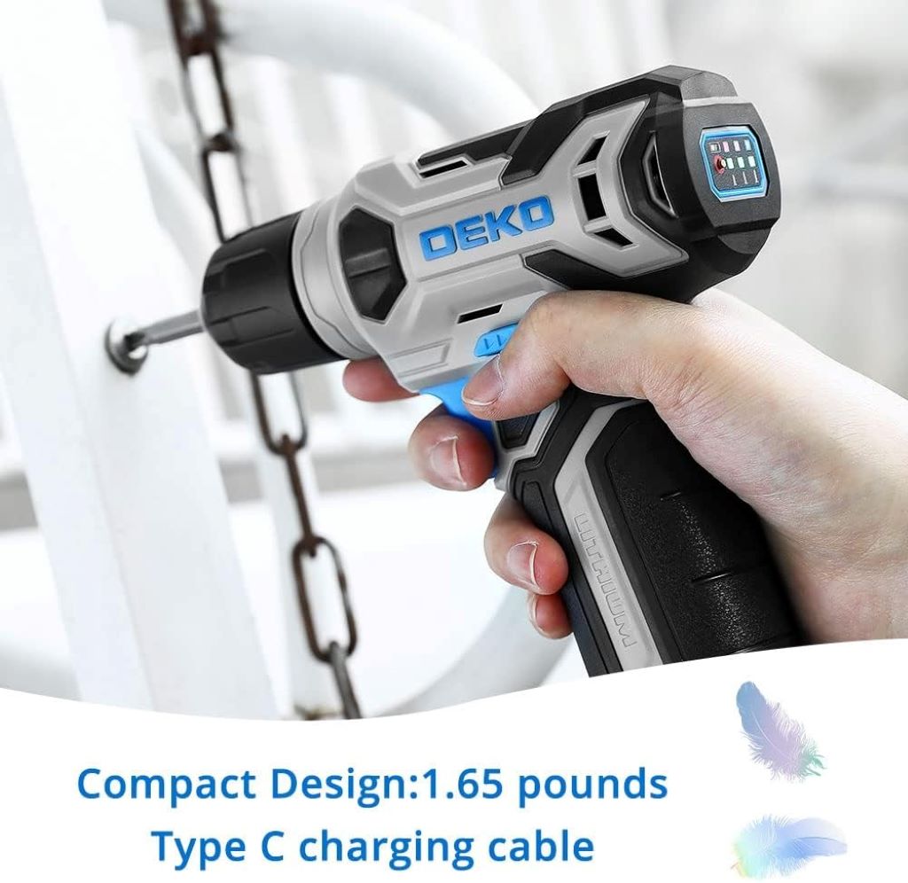 Versatile DEKOPRO cordless drill kit for drilling and screw tightening