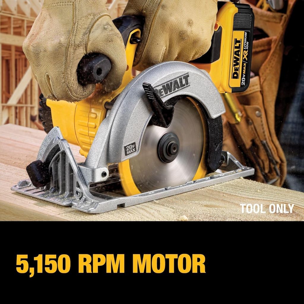 Cordless DEWALT DCS391B Circular Saw showcasing 0-50 degree bevel capacity
