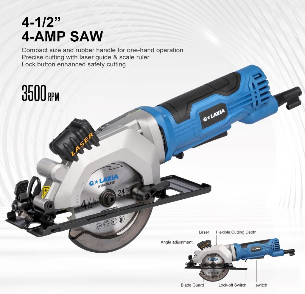 Corded G LAXIA mini saw with rip guide, laser, and high-speed 3500RPM blade.