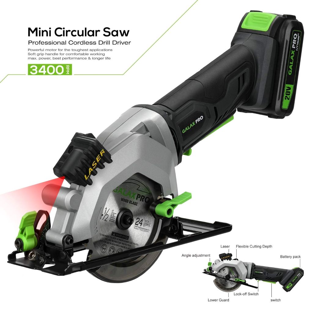 GALAX PRO 20V mini cordless circular saw with laser and rip guide for precise cutting.