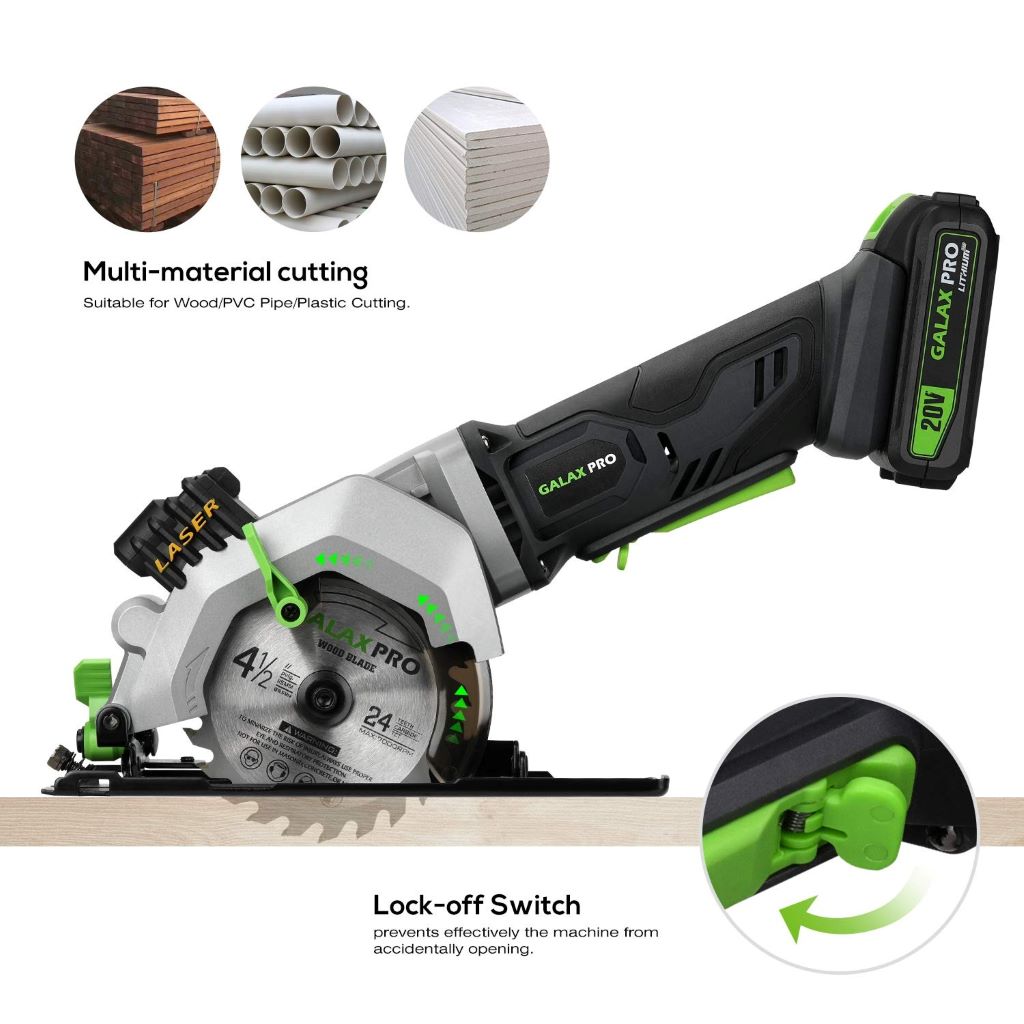 Cordless 4-1/2 inch GALAX PRO saw ideal for angled and straight woodworking cuts.
