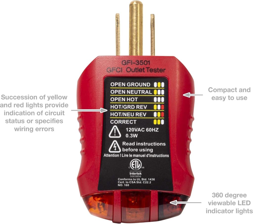Close-up of Gardner Bender GFI-3501 showing 7 LED test lights for electrical testing
