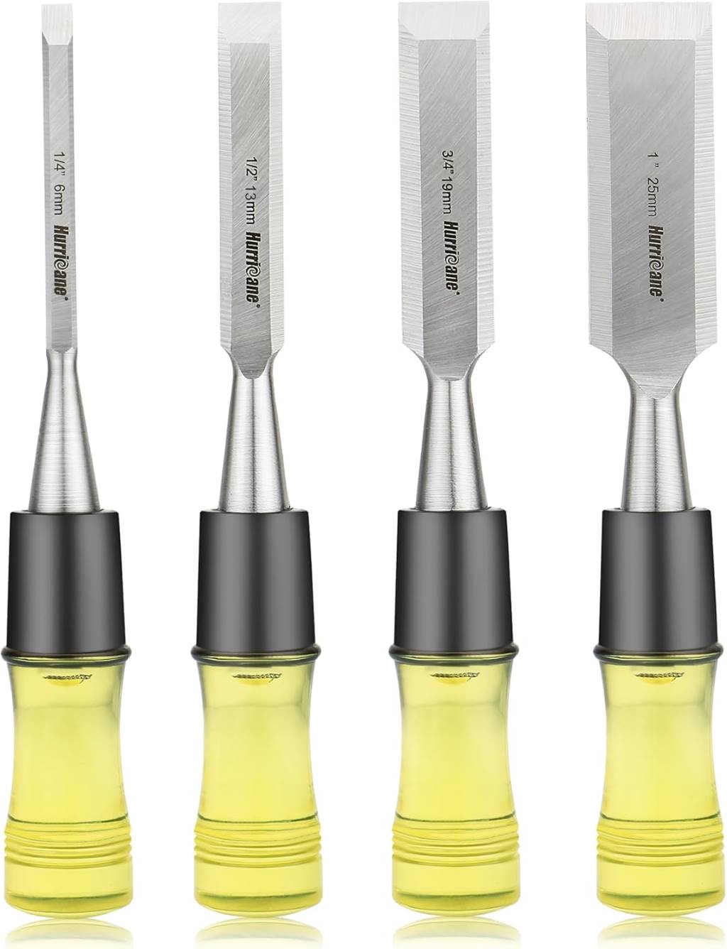 HURRICANE 4-piece wood chisel set with CR-V steel beveled edge blades and safety caps