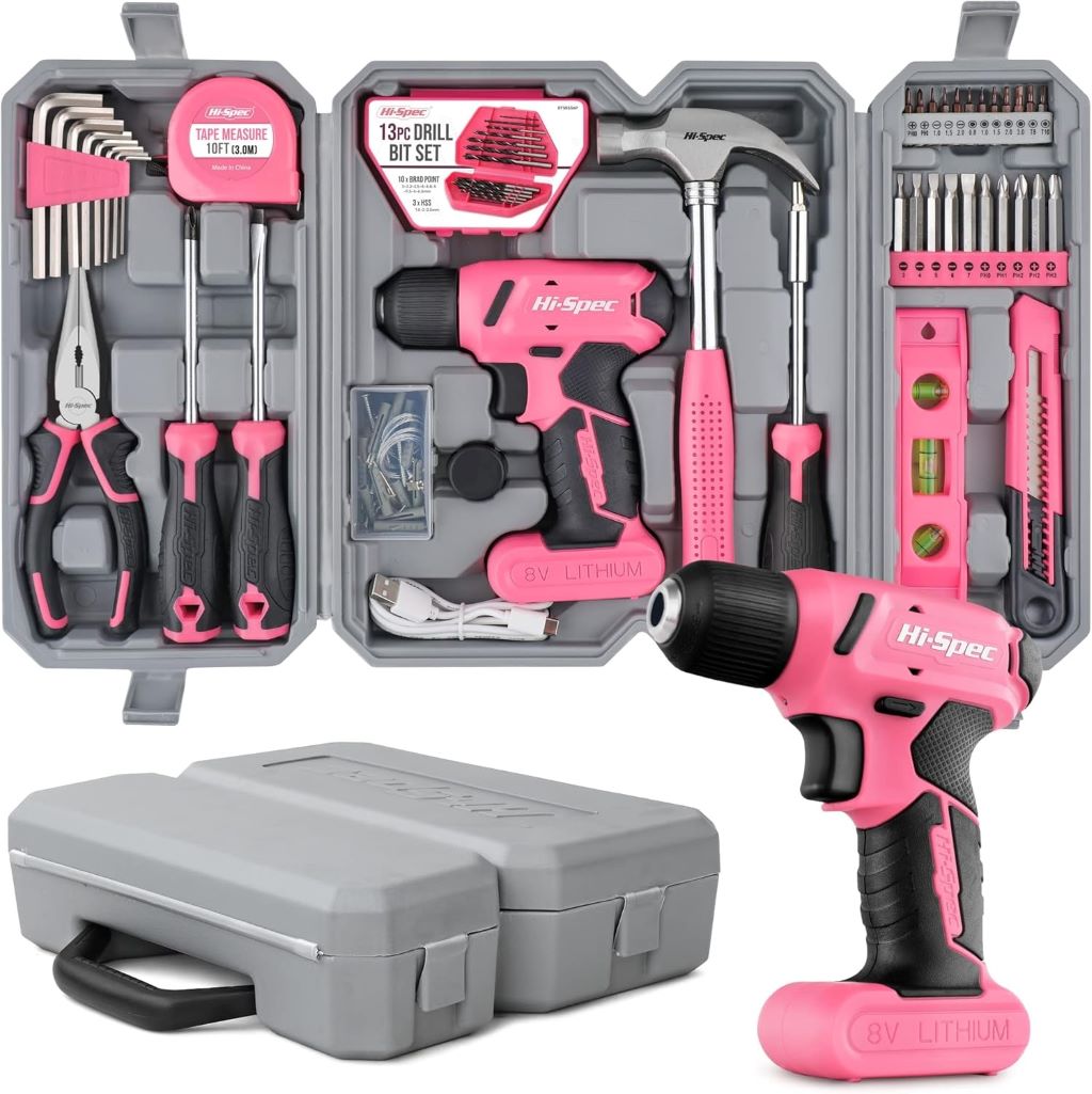 Hi-Spec 58pc pink cordless drill and DIY tool kit set with accessories in a toolbox case