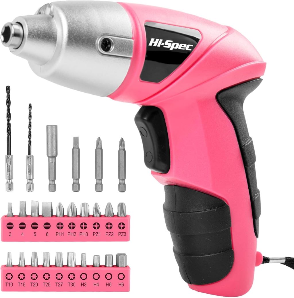 Pink Hi-Spec 3.6V cordless electric screwdriver set with 27 driver bits and USB charging cable