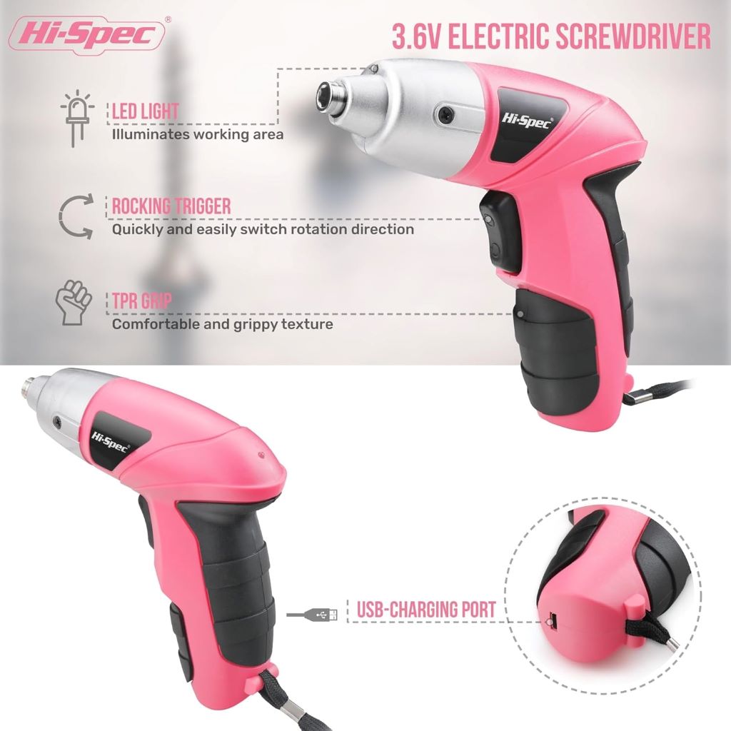 Compact rechargeable electric screwdriver in pink with full driver bit set for DIY projects