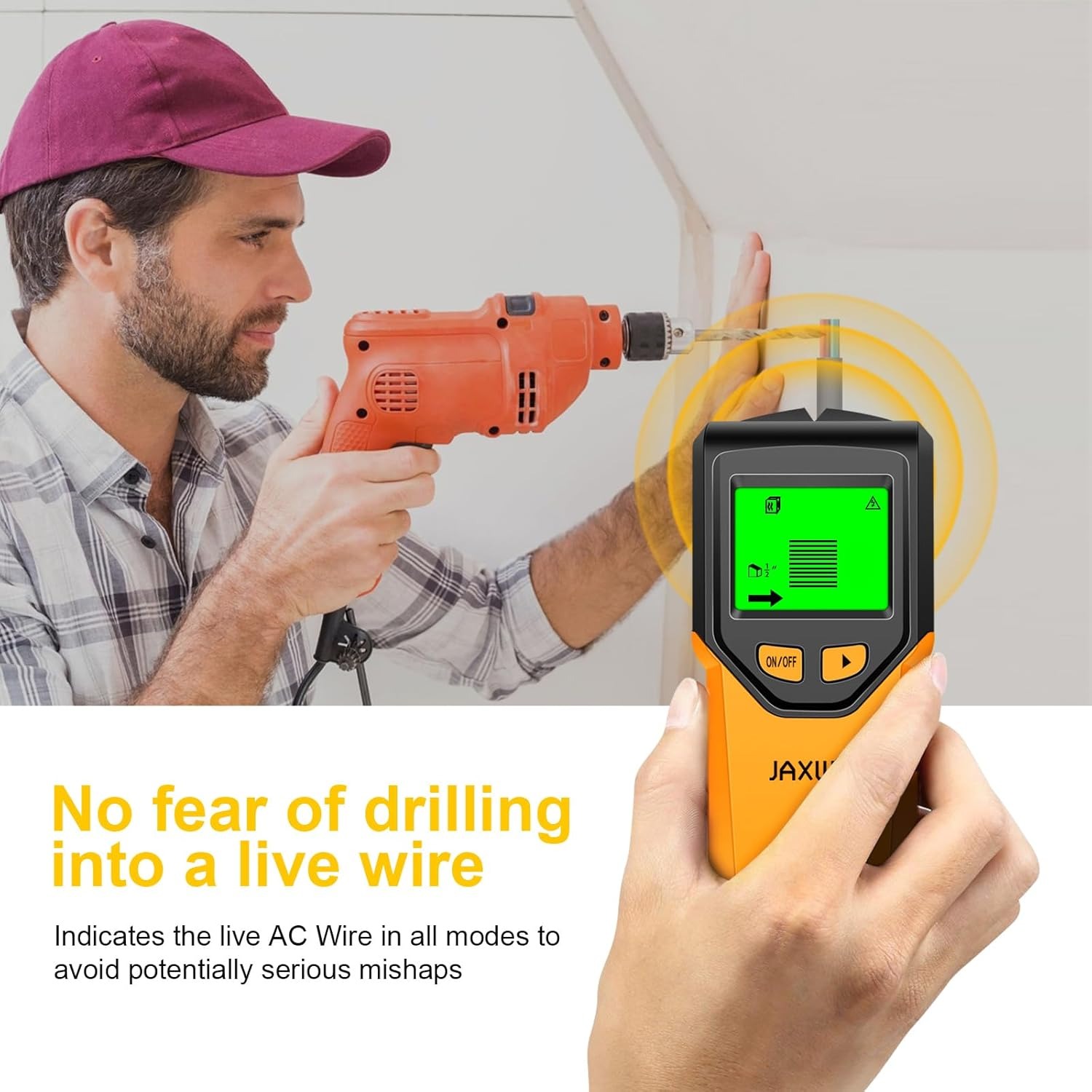 JAXWQ 5-in-1 Stud Finder detecting studs, wires, and pipes in walls