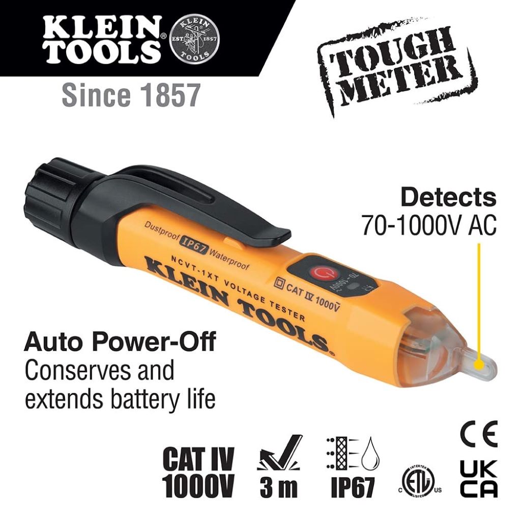Close-up of Klein Tools NCVT1XTKIT showing digital voltage tester and GFCI outlet tester.