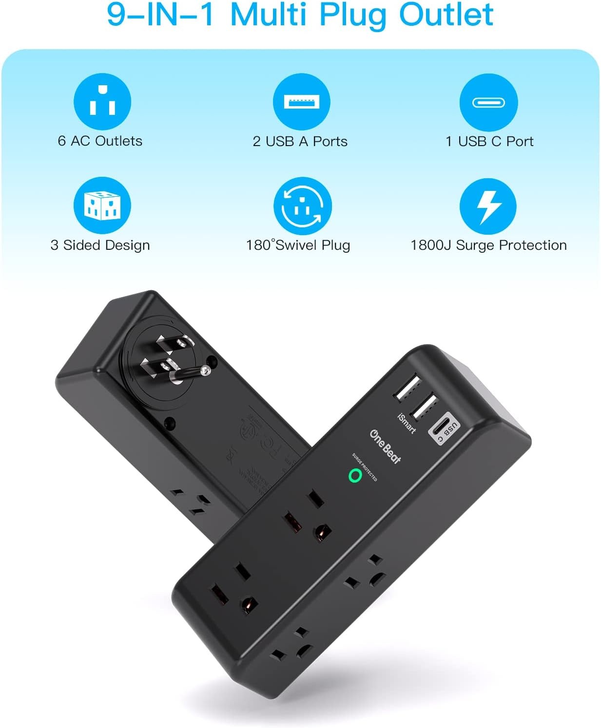 One Beat surge protector with 6 AC outlets, 3 USB ports including USB-C, and 3-sided swivel plug design.
