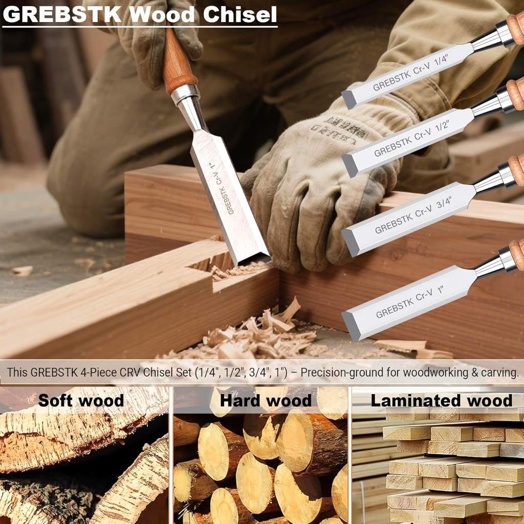 Set of four GREBSTK bench chisels for woodworking and DIY projects