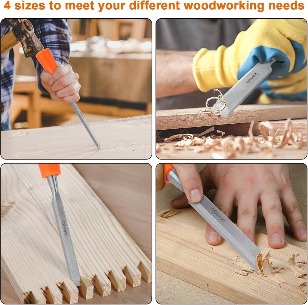 High-quality wood chisels with ergonomic plastic handles and steel ends