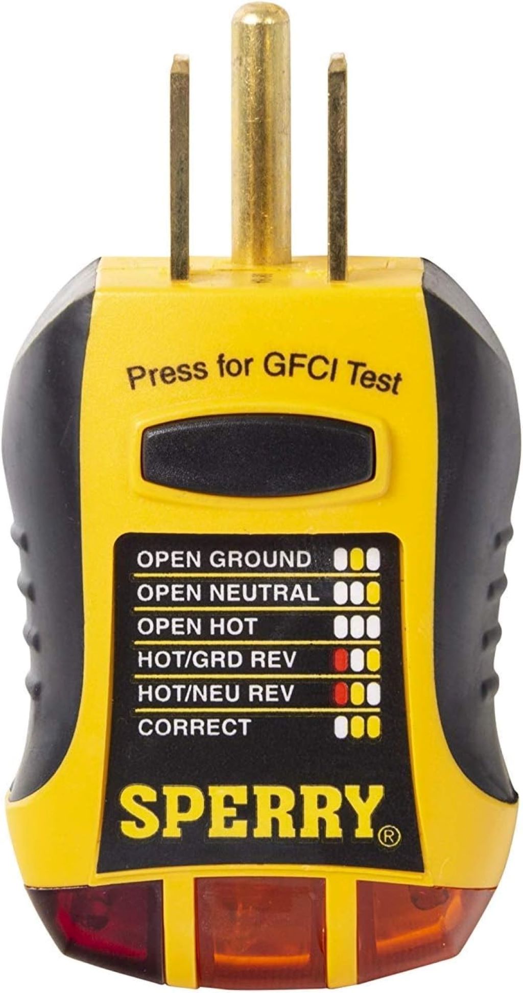 Close-up of Sperry GFI6302 tester showing seven wiring status lights for 120V outlets.