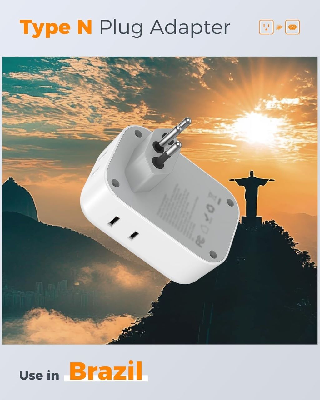 Compact US to Brazil travel adapter Type N with multiple outlets and USB charging