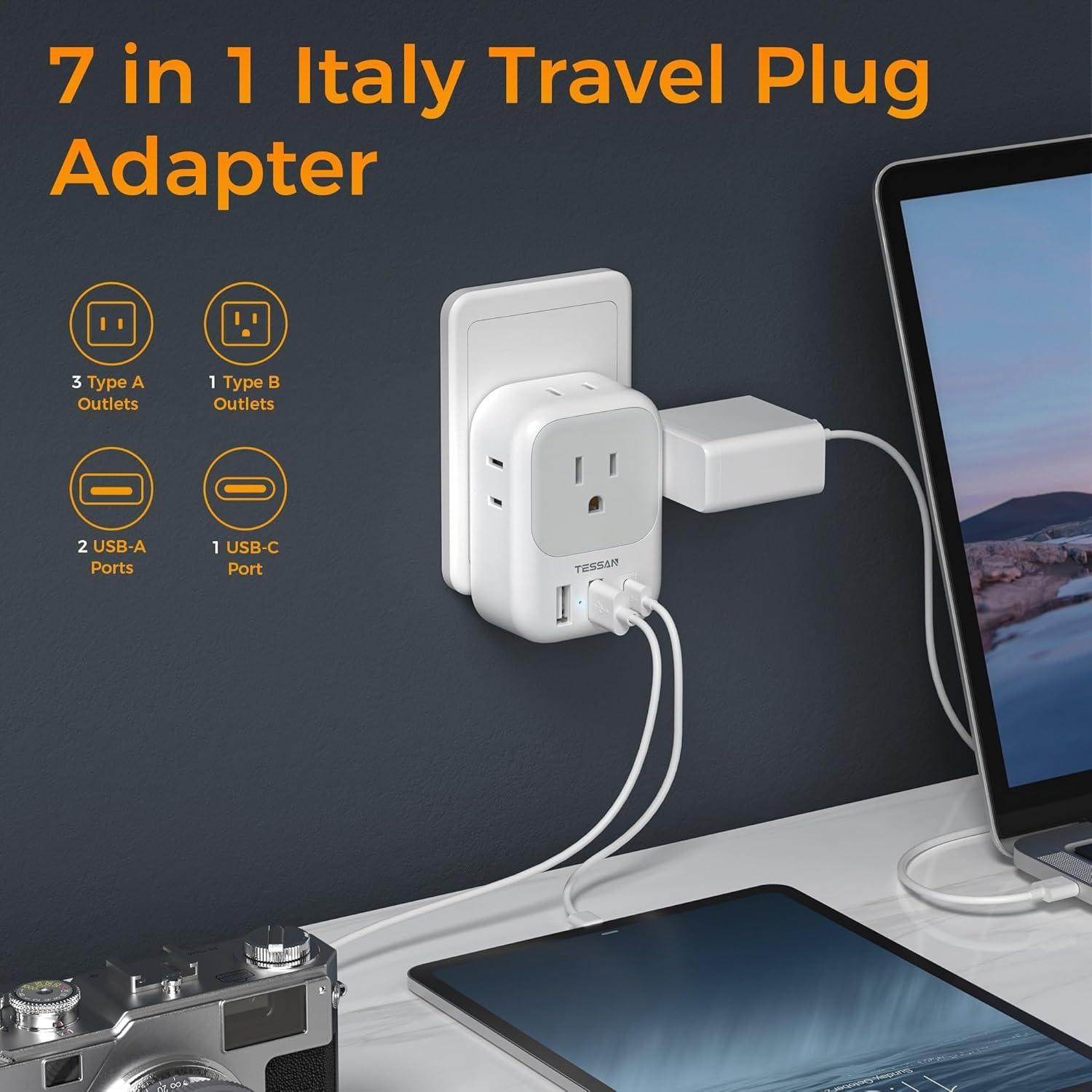 Compact Italy power adapter with USB-C, 3 USB chargers, and multiple outlets for 2025 travel essentials.