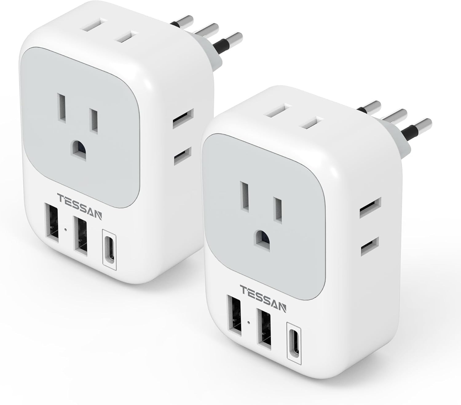 TESSAN Type L Italy plug adapter 2-pack for US travelers, featuring 4 outlets and 3 USB charging ports.