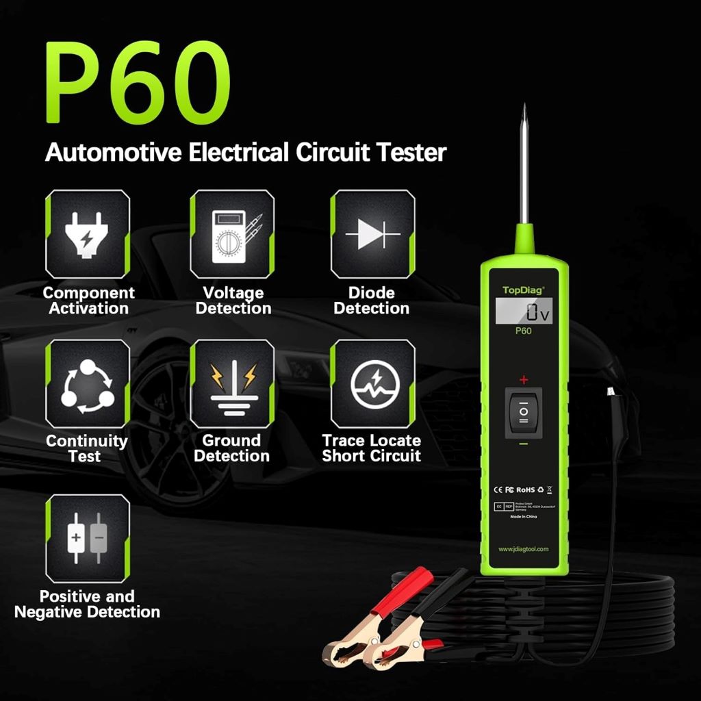 TopDiag 12V automotive test light and circuit probe kit for car diagnostics and fuse testing.