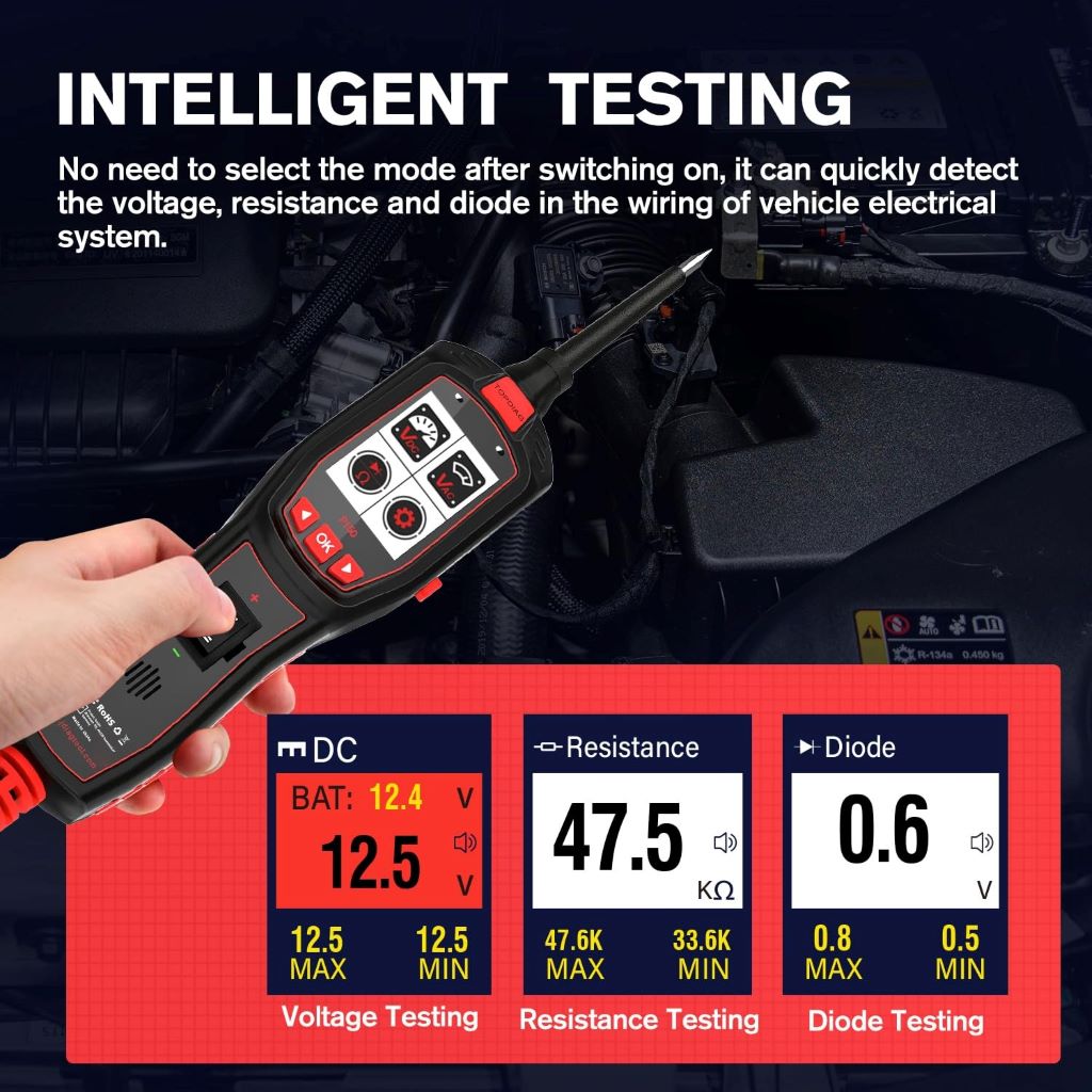 Mechanic using TopDiag P150 to check car electrical systems and ensure safety.
