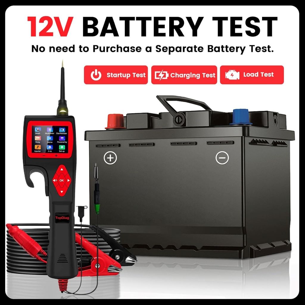 All-in-one TopDiag P200 car circuit tester showing voltage, fuel injector, and component testing.
