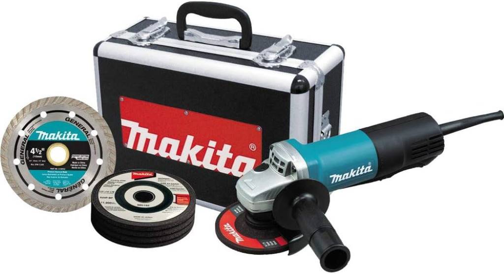 Close-up of Makita 9557PBX1 angle grinder showcasing paddle switch design