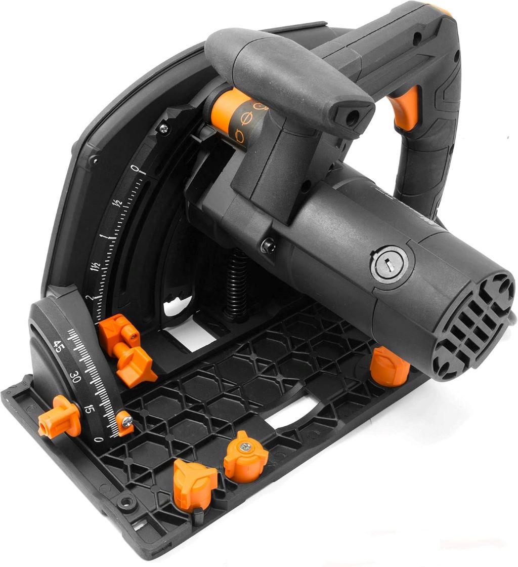 WEN 7.25-Inch Variable Speed Track Saw on a workbench, highlighting compact design.
