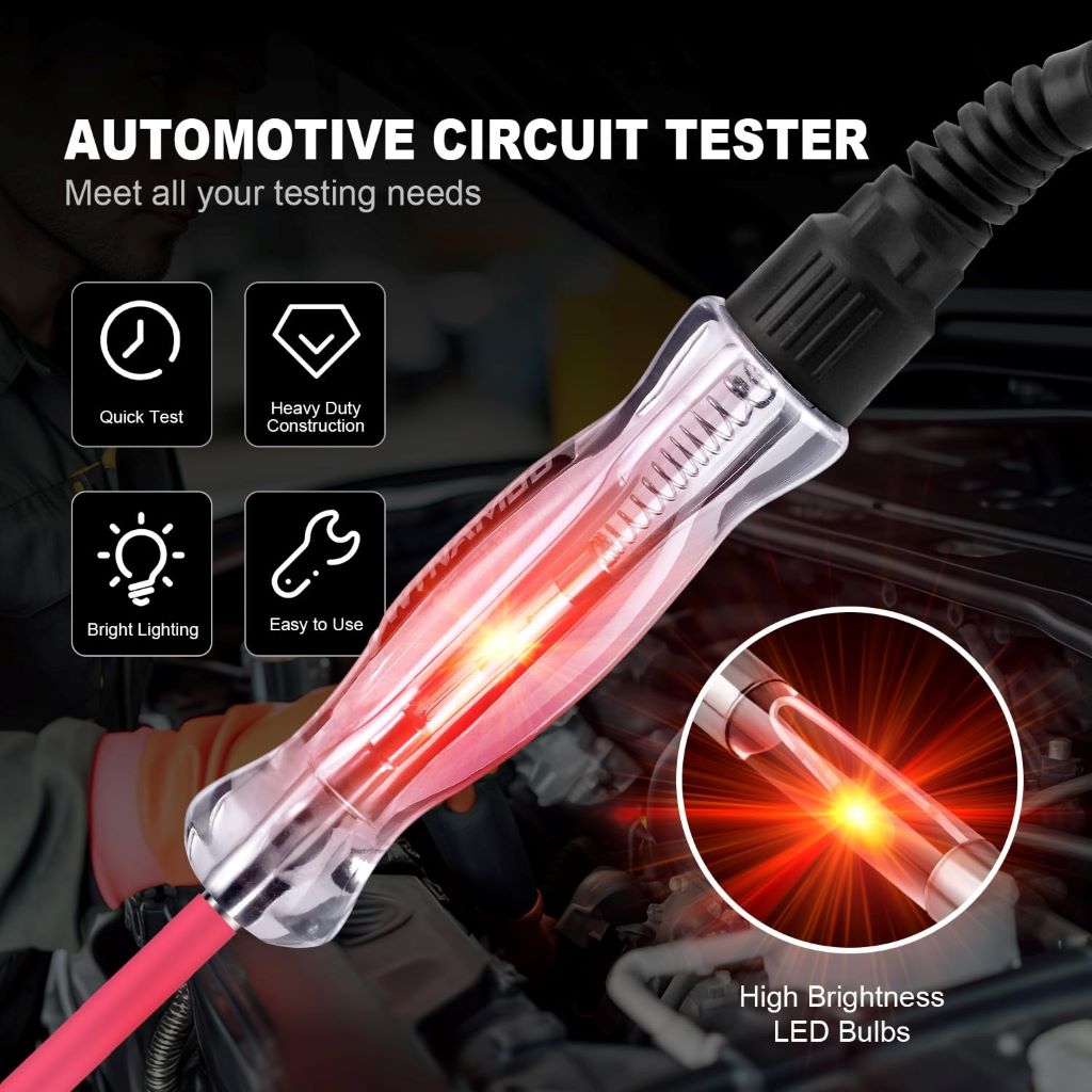 Close-up of WINAMOO 6-24V DC circuit tester showing LED indicator and spring wire.
