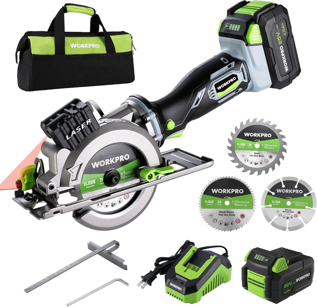 WORKPRO 20V cordless mini circular saw with laser guide and three blades
