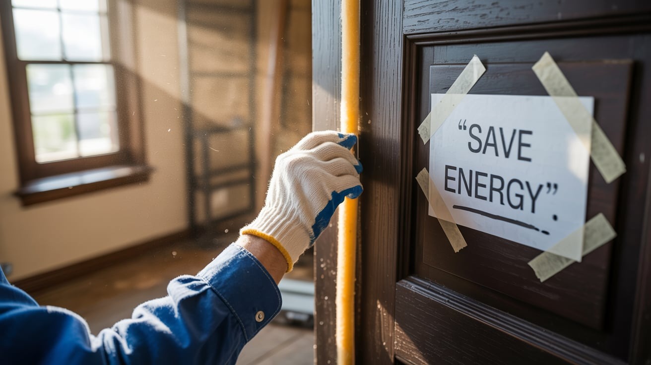 Illustration of weatherstripping installation on a door with text 'Stop the Drafts, Save the Bucks' emphasizing energy efficiency