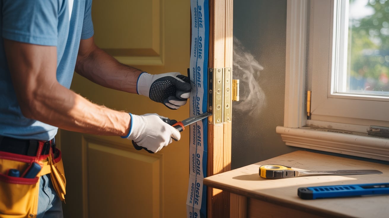 A person sealing a door with weatherstripping to prevent drafts and save money on energy bills.