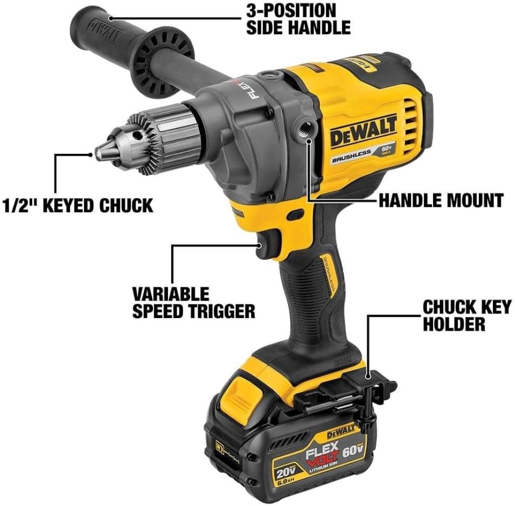 Side view of DEWALT DCD130B 60V MAX cordless drill with E-Clutch system