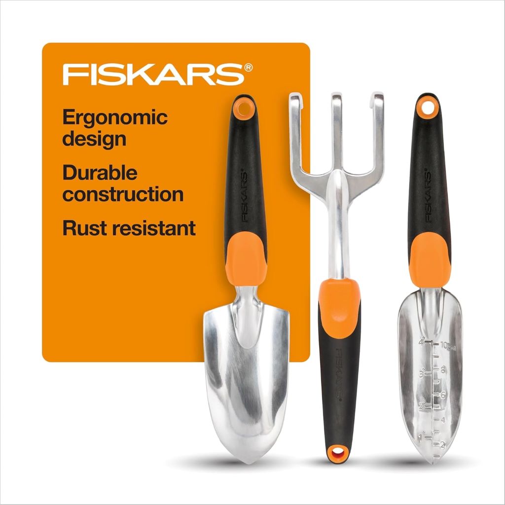 Fiskars 3-in-1 ergonomic garden tool set with trowel, transplanter, and cultivator