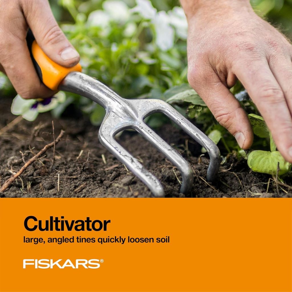 Fiskars garden tool set review showcasing trowel, transplanter, and cultivator for outdoor use
