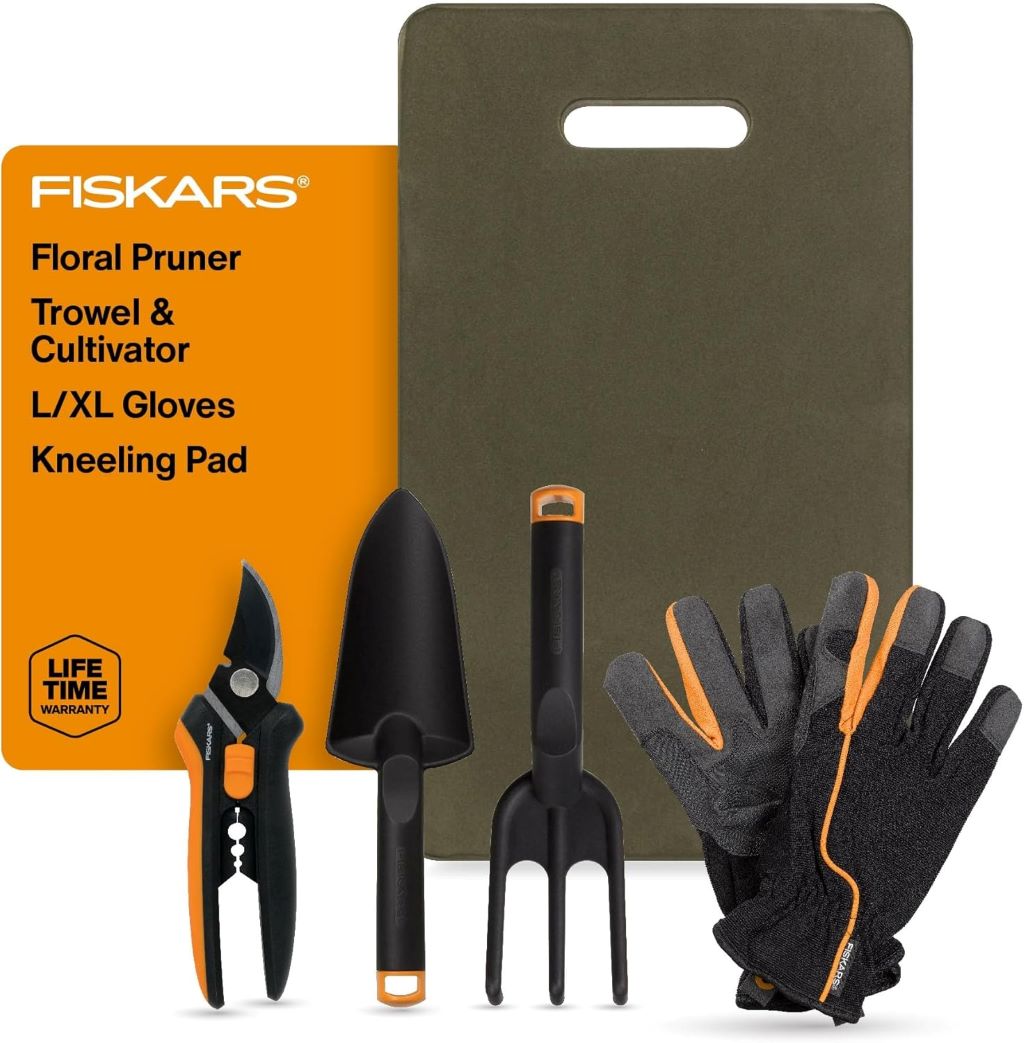 Fiskars outdoor gardening kit with pruner, trowel, cultivator, gloves, and kneeling pad
