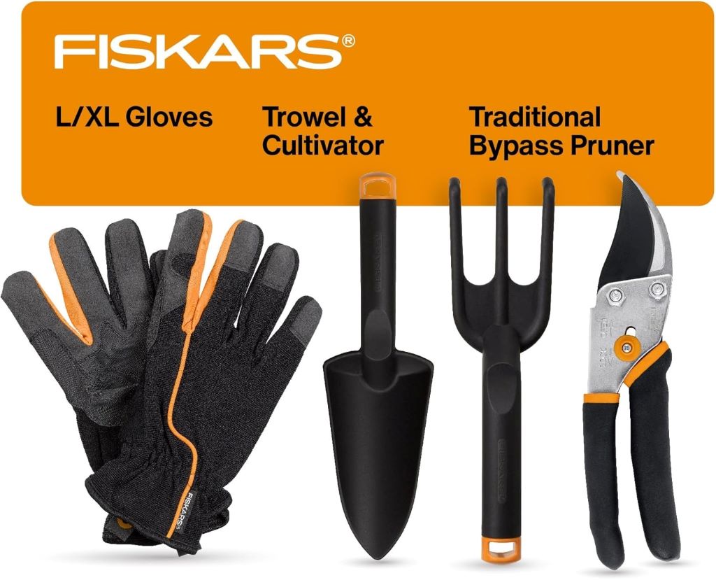 Fiskars House Plant Starter Kit with pruner, trowel, cultivator, and gardening gloves