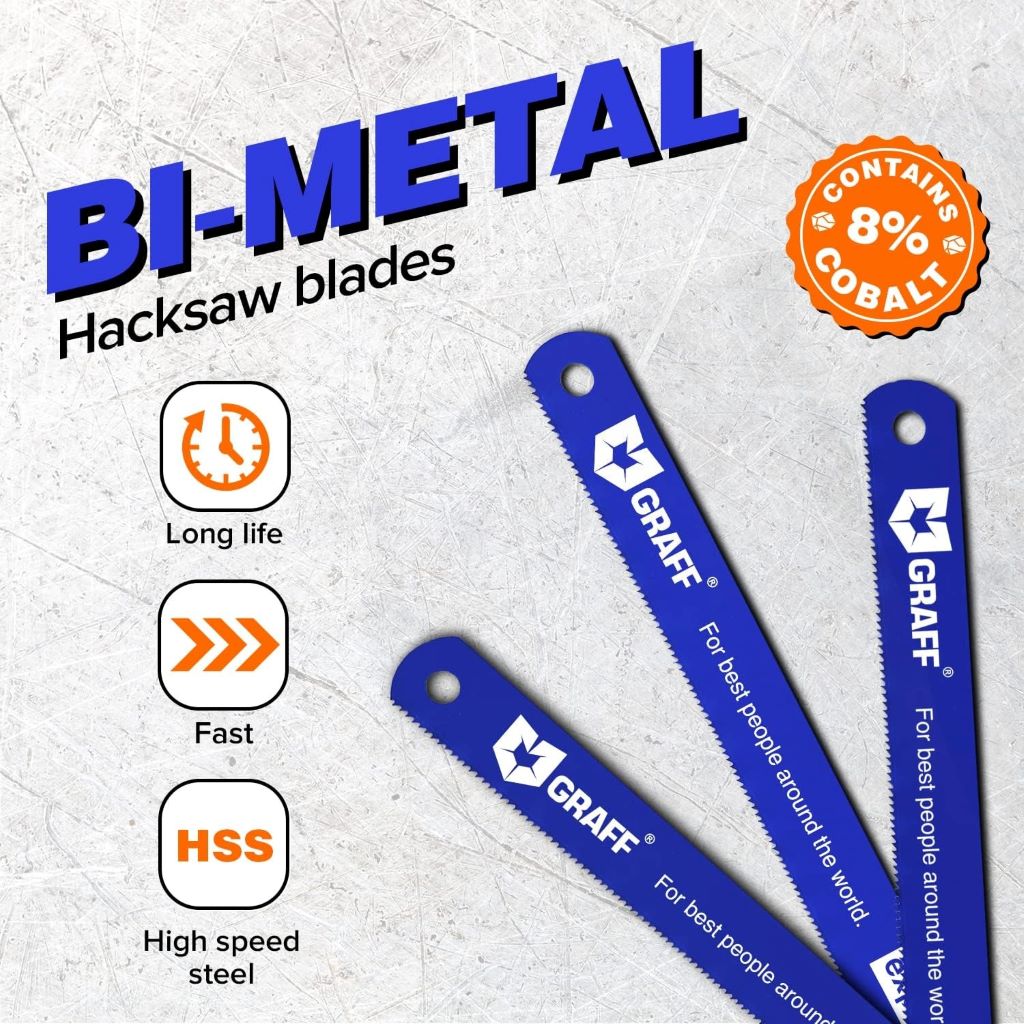 Durable bi-metal GRAFF hacksaw blades, 24 TPI, ideal for metalwork.