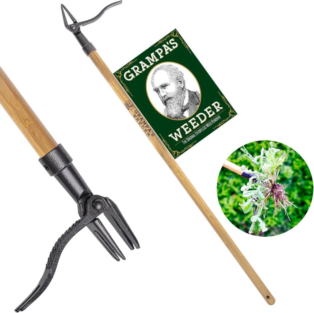 Grampa’s Weeder stand-up weed puller with long handle and 4-claw steel head
