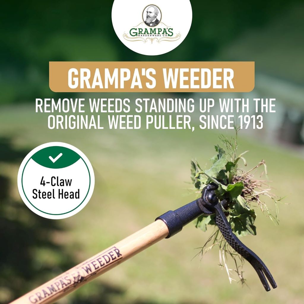 Easy weed removal tool with bamboo handle and durable steel claw design