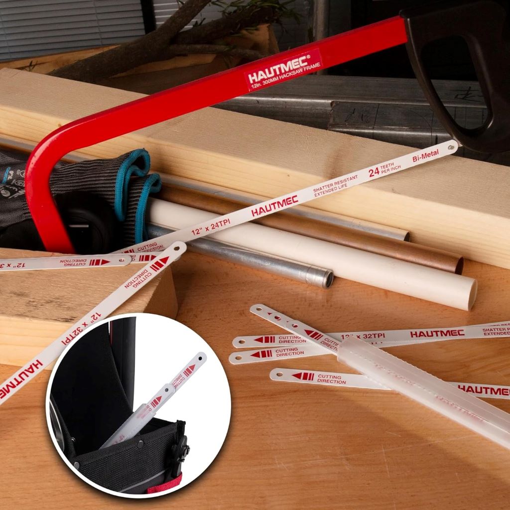 HAUTMEC 12-inch hacksaw blades, long-lasting bi-metal design fits most hacksaw frames